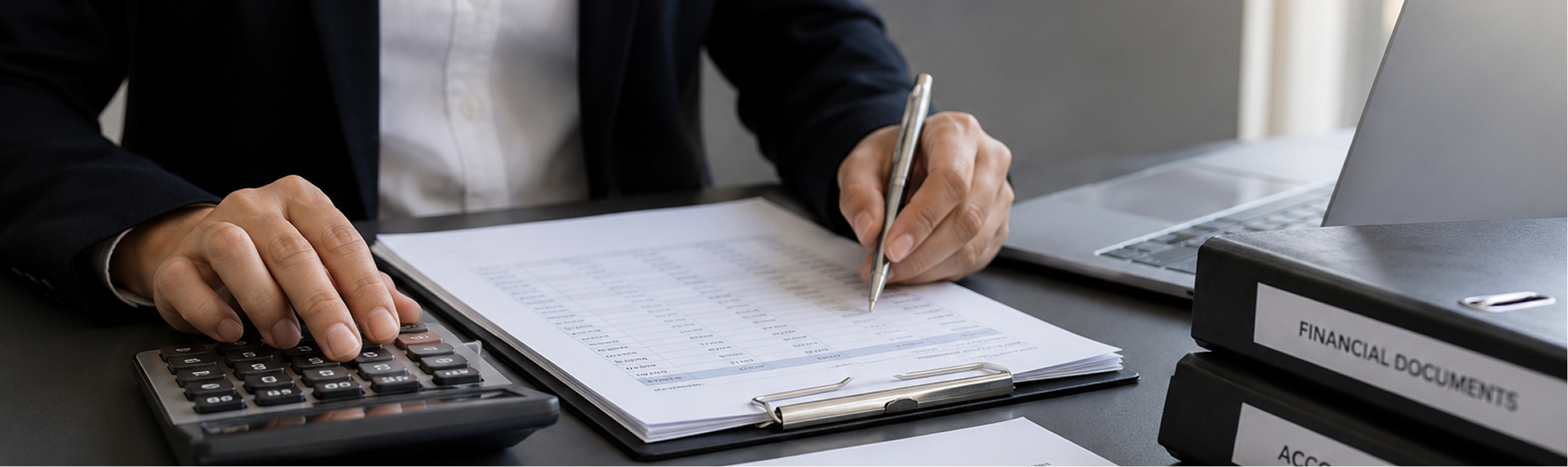 Close-up of a financial expert reviewing budget spreadsheets with a calculator and financial document binders