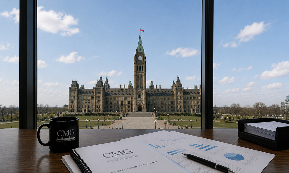 CMG strategic Condominium Management report and branded mug on a desk overlooking Parliament Hill, Ottawa